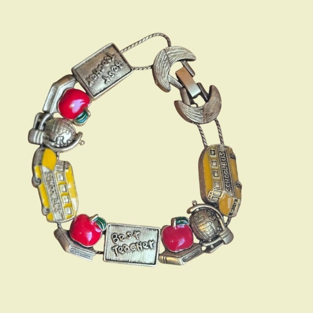 Vintage Best Teacher Charm Bracelet With Apples School Bus Teacher Gift daycare